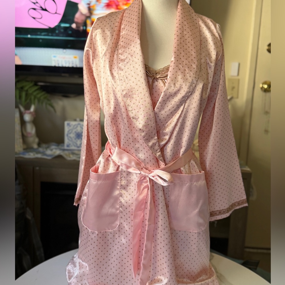*Sold* Izod Silky Pink Polka Dot Robe and Slip Dress with Satin Trim